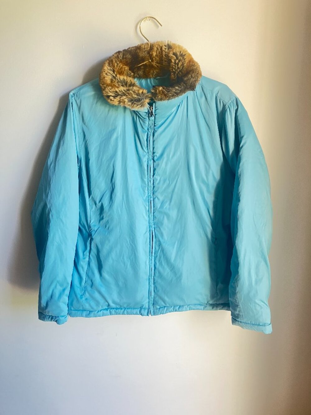 Lands End Light Blue Goose Down Jacket Faux Fur Collar Size L Large